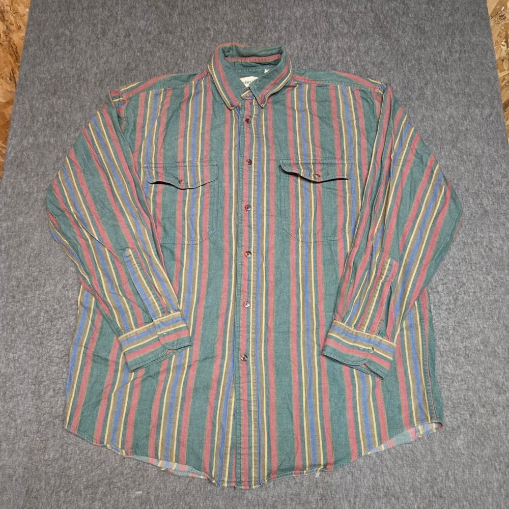 Vintage St. John's Bay Button Down Shirt Mens LT Green Multi Stripe Cotton Long
